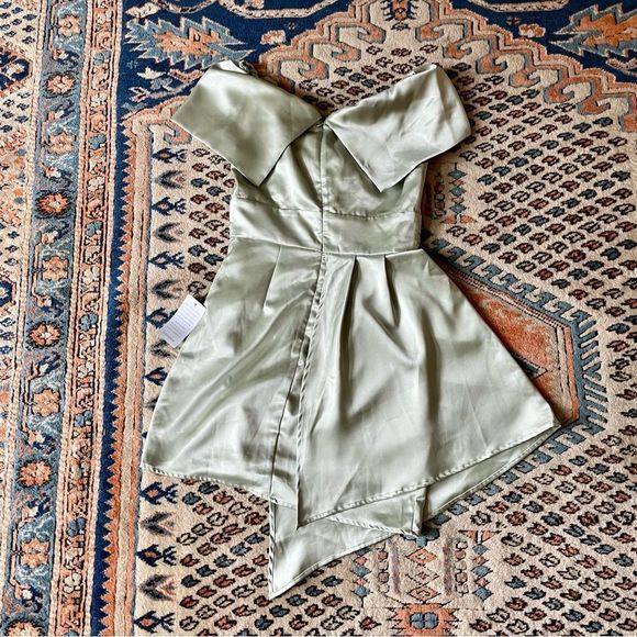 Lulu’s Always Celebrating Sage Green Satin Off-the-Shoulder Mini Dress - Picture 3 of 11